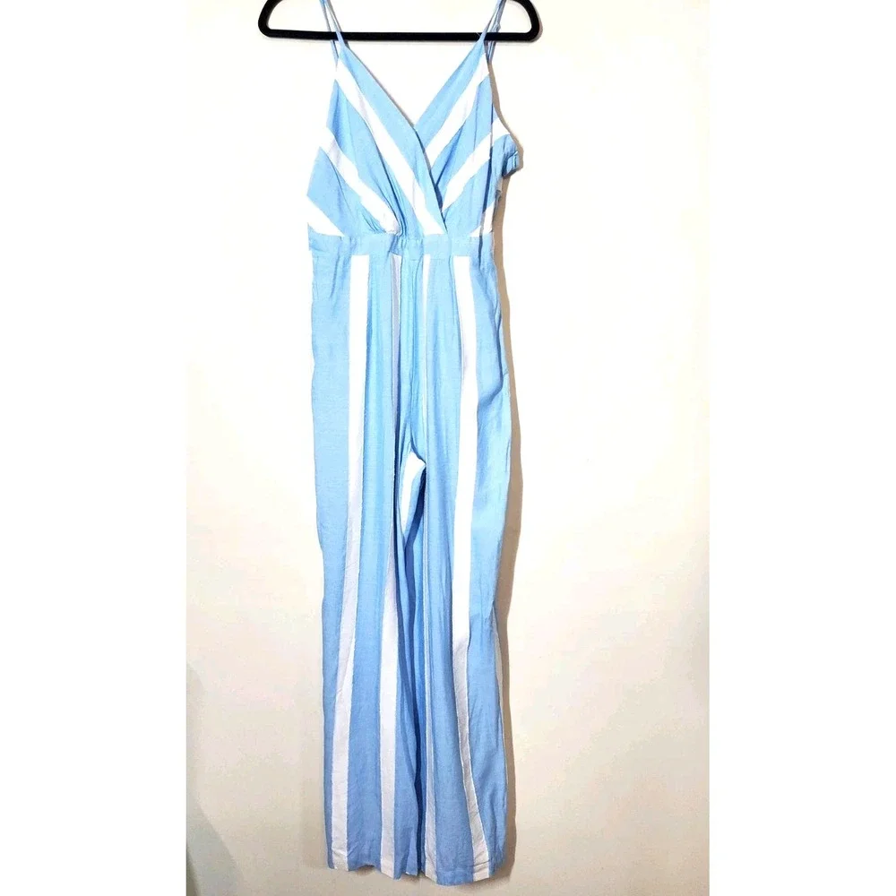Skies Are Blue NEW Womens Medium Jumpsuit Wide-Leg‎ Striped Blue White  Vacation